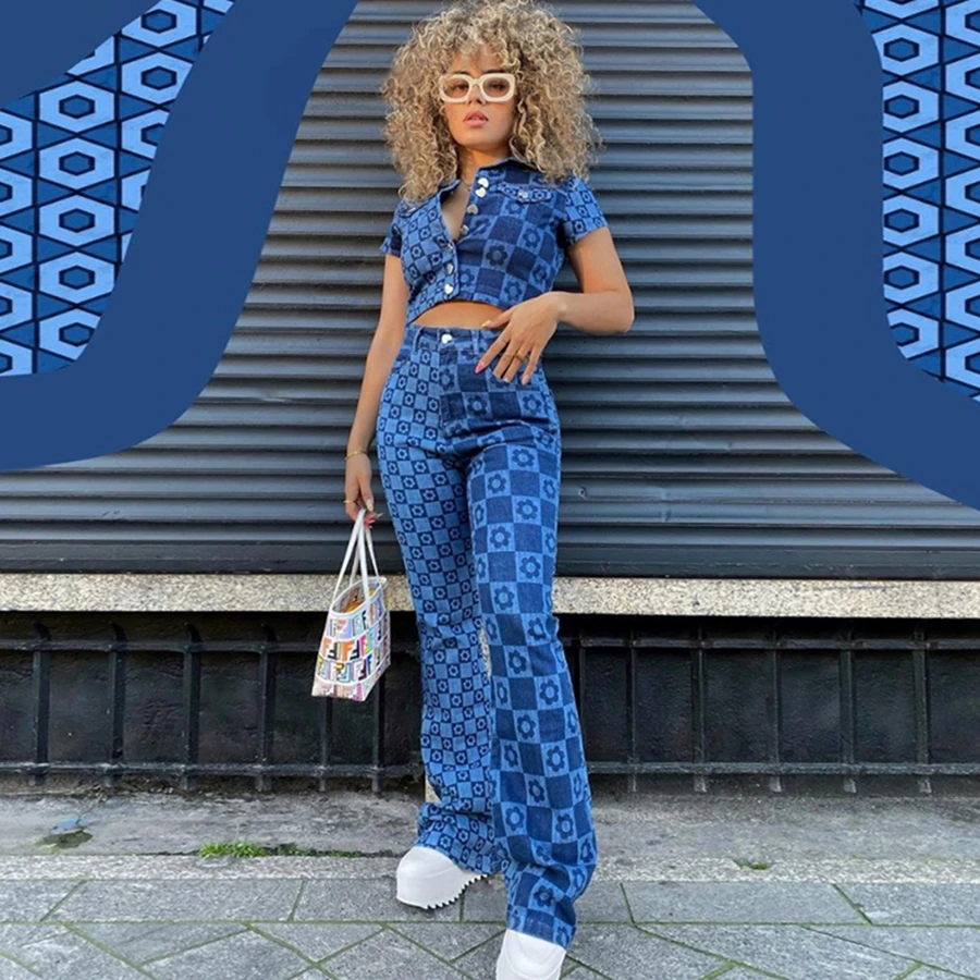 
Nibber Trend Vintage Print Lapel Top Casual Straight Pants Cowboy Set 2021 Newest 2 Piece Set Women 