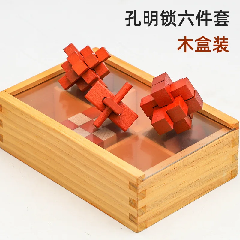 Hot sell Wooden 6pcs Kongming Lock Luban Lock Brain Teaser Fun Games initiation educational toys for teens kids Boys and Girls