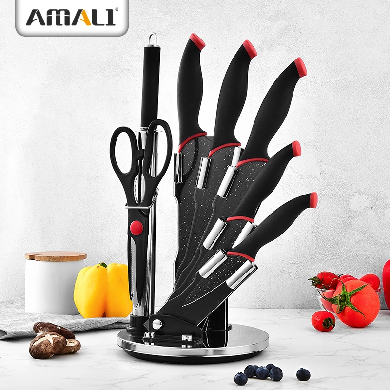 Soft Grip Heat Resistan -8PCS Stainless Steel Kitchen Non-Stick Knife Set With Acrylic Knife Block  Marble Coating Knife