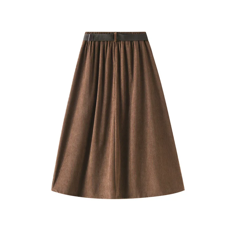 Hot sale winter Ladies Elegant Button front mid length women A-line Corduroy skirt with belt