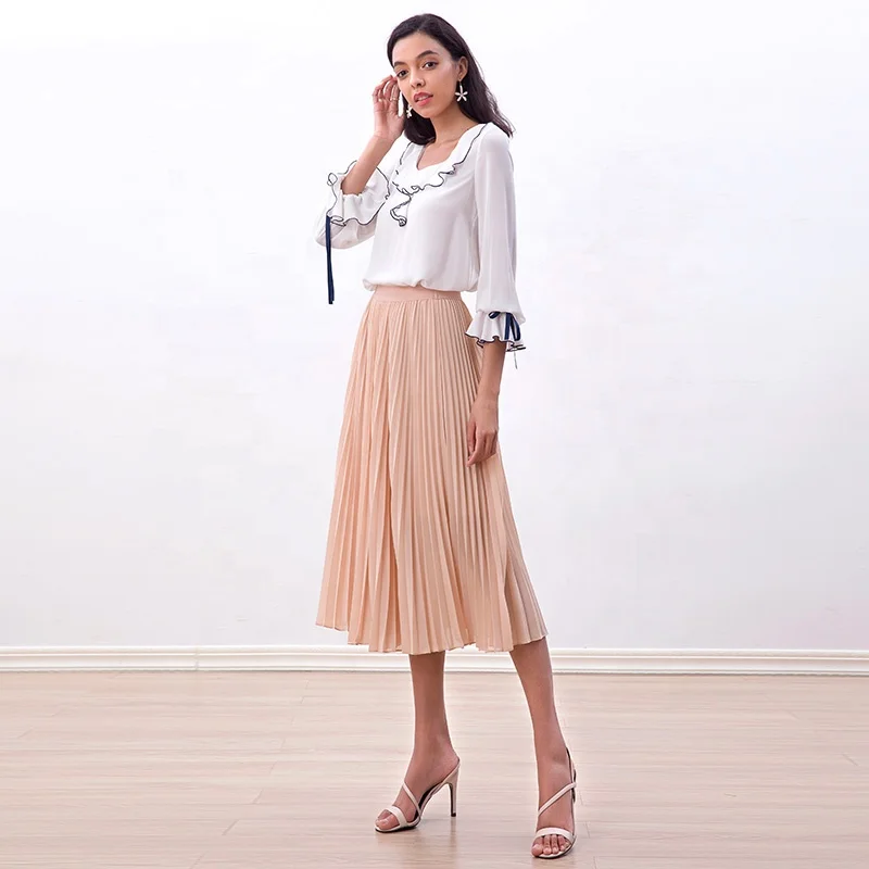 S280L Solid chiffon elasticated waist full circle sunburst pleated midi casual skirt