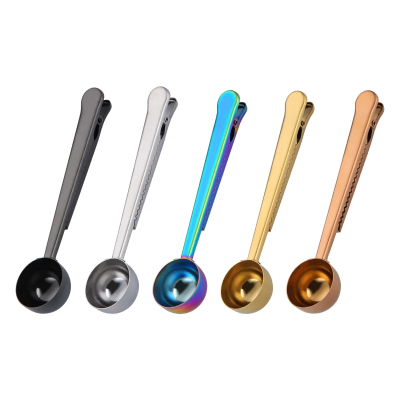 Food Grade Stainless Steel Brass Gold Copper Measuring Spoon Scoop with Bag Sealing Clip for Coffee Bean