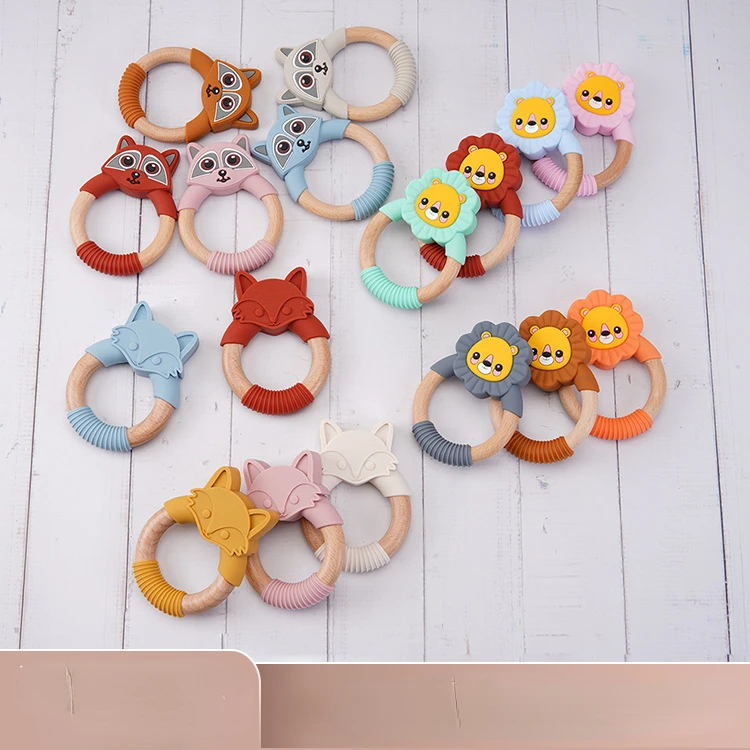 New Designs Colors Wholesale Animal Lion Fox Silicone Wood Chewable Teething Toys Baby Teether