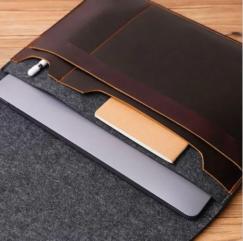 Factory Custom Design Slim Portable Handbag Case tablet cover Soft Grey Felt Brown Leather Patch Wool Felt Laptop Sleeve