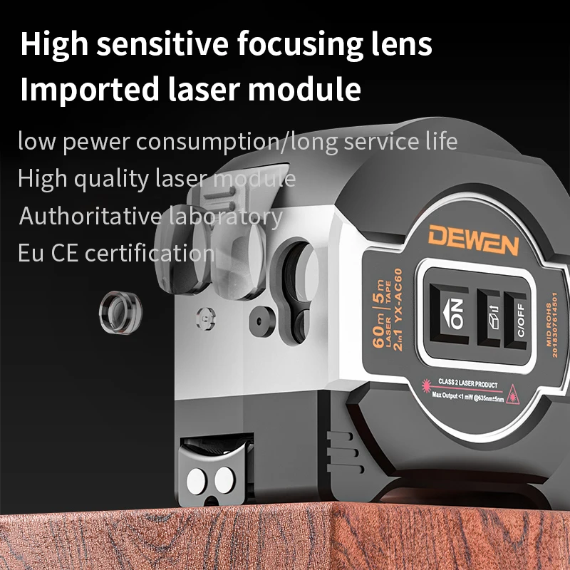 DEWEN 3 in 1 Laser Measuring Tape 60m Laser Light with Digital Screen Cross Leveling Function Laser Measurement Tape Machine