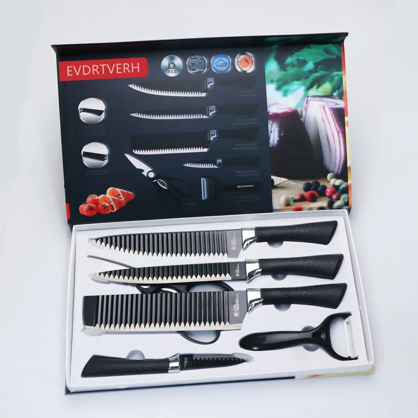 Non stick Kitchen Knife 6-piece Set cutter tool Ripple Knife Black Wave Striped  Knife Gift Box Set  bit tool