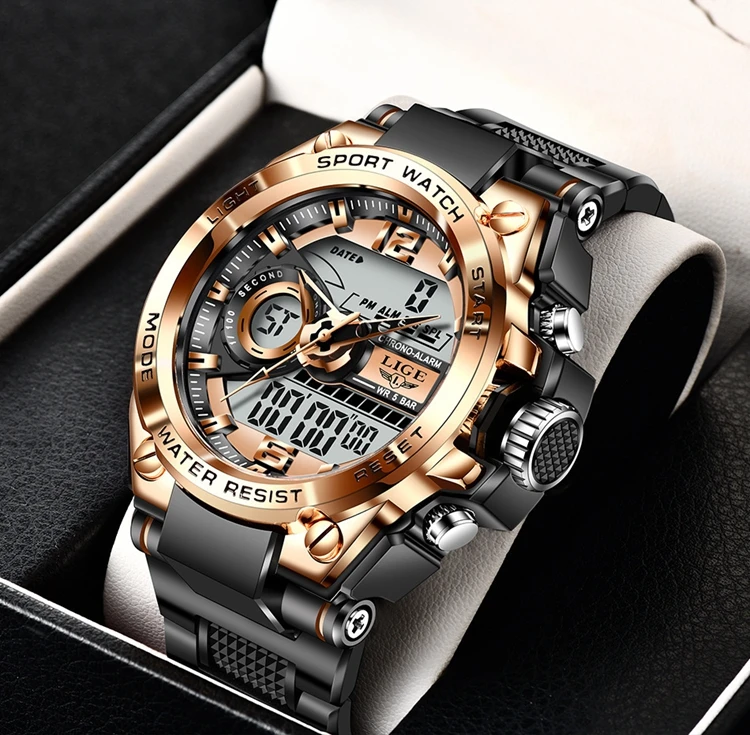 Hot Selling Lige Brand 8922 Mens Silicone Strap Analog Quartz Sport Digital Watch