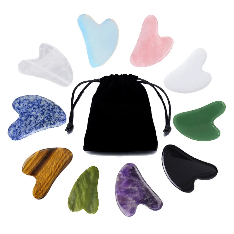 Jade Gouache Scraper Massage Facial Body Massager Beauty Set Quartz Natural Rose Velvet Bag with Black Guasha Shinesmed SM-SR21
