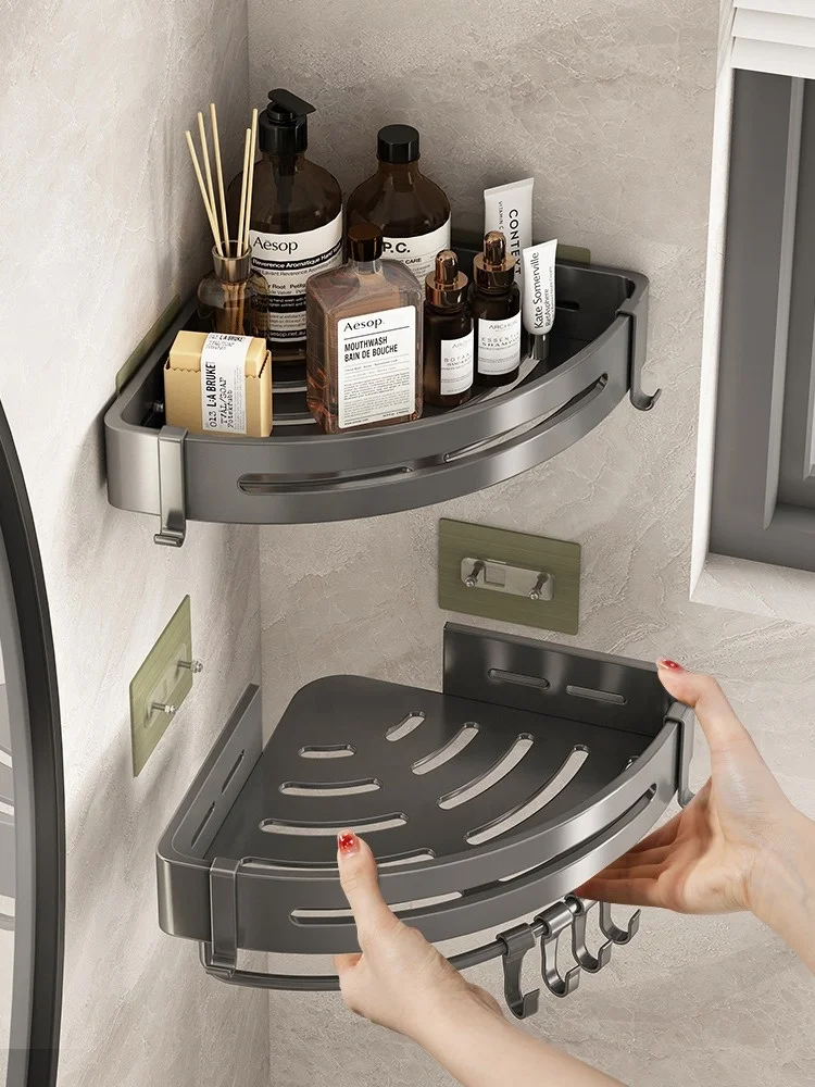 Modern Multi-Tier Aluminum Wall-Mounted Kitchen & Bathroom Rack Corner Shower Caddy Storage-Shelf With Hang Hooks for Hotels