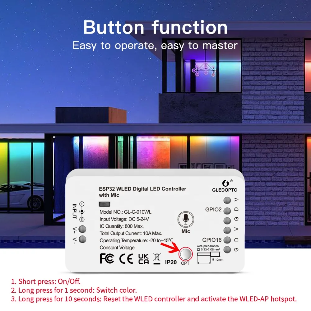 Контроллер Gledopto WLED ESP32 с функцией голосового управления Wi-Fi и микрофоном RGB CCT 800max IC DC5-24V DIY эффектом освещения