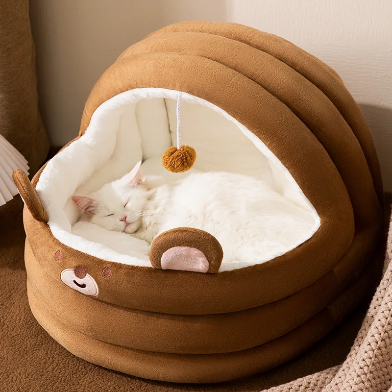 Pet Cat Dog House Cave With Plush Interactive Toy Ball Cat Folding House Bed Plush Cat House With Ears