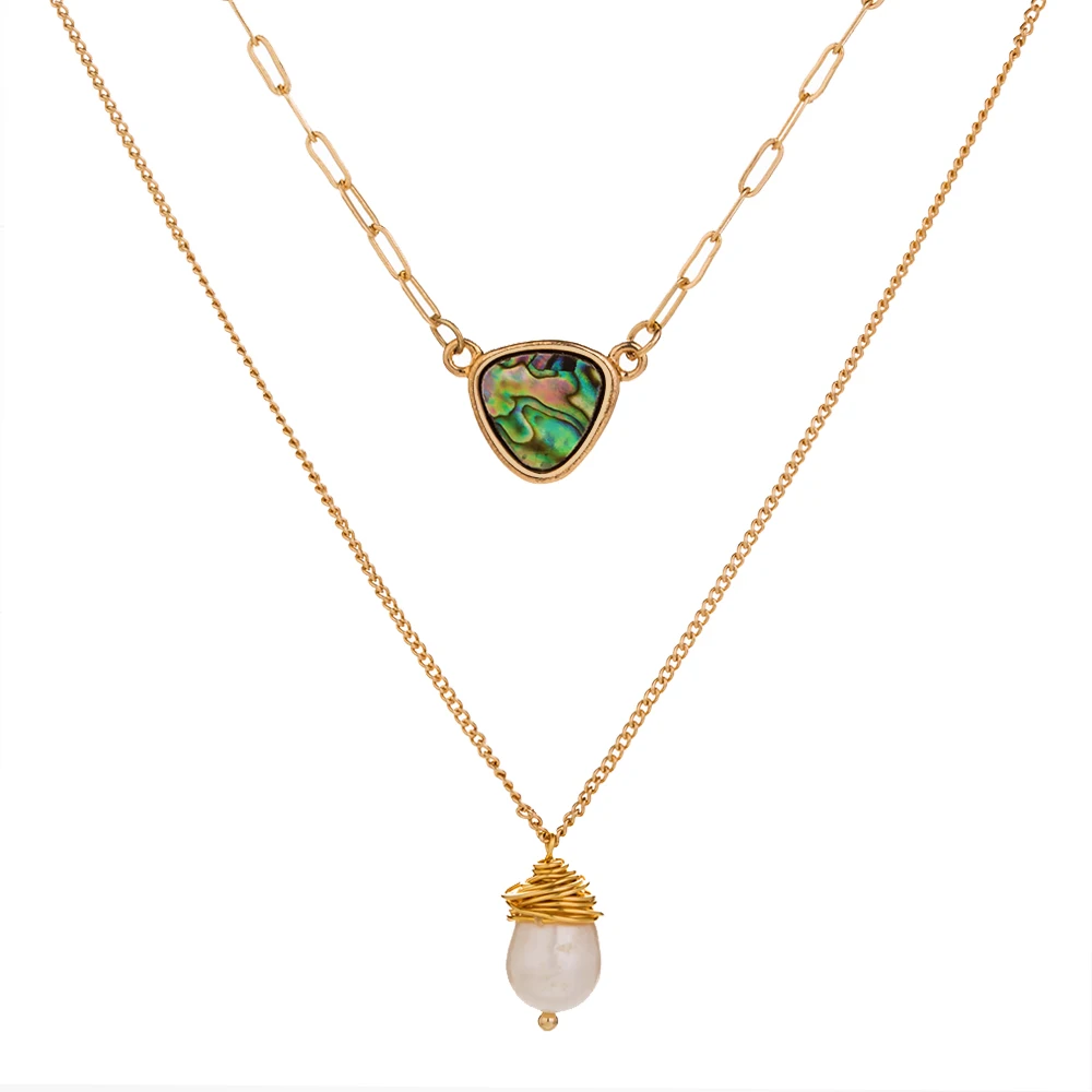 Boho Freshwater Pearl Necklace Abalone Shell Charm Pendant Chains 18K Gold Plated Choker Layered Necklace Women Jewelry