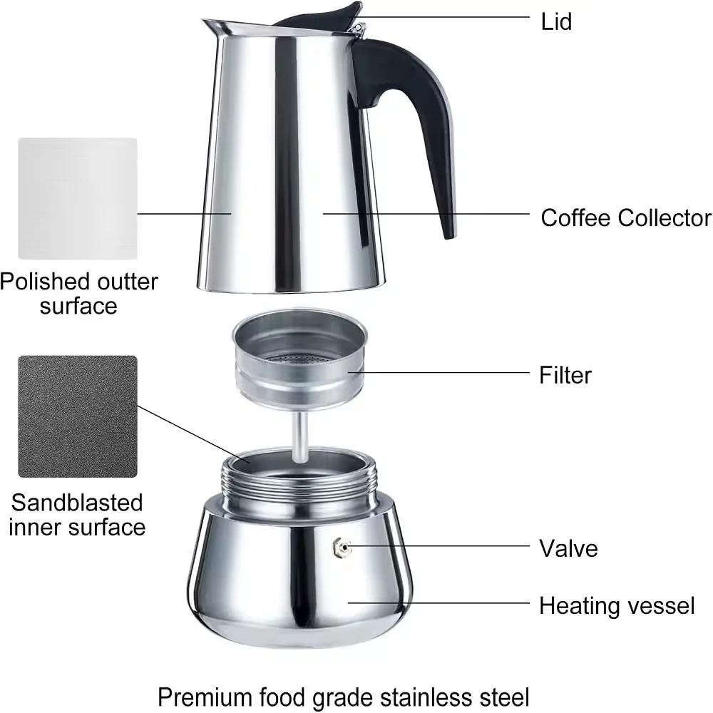 Stainless Steel Coffee Maker Customize Gas Stove Coffee Brewing Moka Pot Classic Espresso Electric Stove Moka Pot