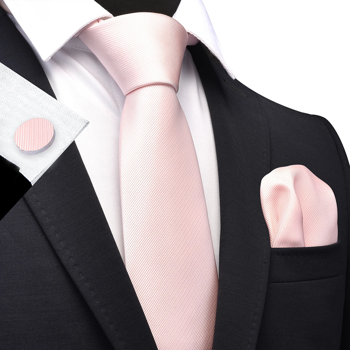 Mens Solid Color Tie and Pocket Square Cufflinks Set Woven Silk Plain Jacquard Necktie Handkerchief for Men Wedding Party Formal