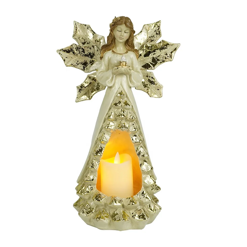 Wholesale custom golden resin prayer gesture angel statue ornaments with LED candle and wings for home decoration