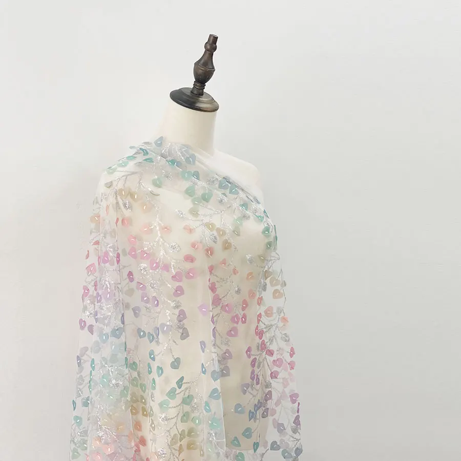 New design beautiful multicoloured laser 3D heart-shaped leaf argent powder sequins glitter tulle mesh embroidery fabrics