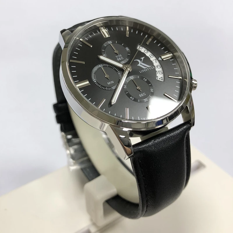 3ATM Water Resistant Genuine Leather Strap 43mm Stainless Steel Case Japan Movement Chronograph Watch
