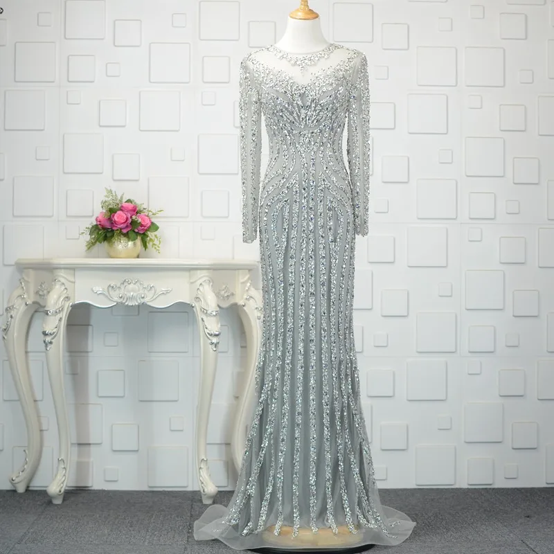 Black/Silver/Gold Luxury Long Sleeves Luxury Evening Dresses Mermaid Sexy Diamond Beading Formal Dress 2020 Plus Size Dress