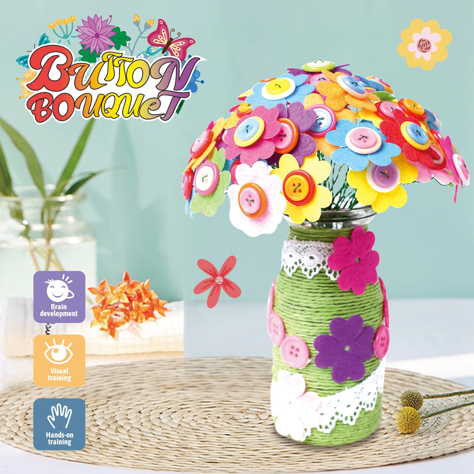 Girls Creative Handmade Button Bouquets Pretend To Play Toy Personality Vase Crafts Exercise Hands-On Ability Girls Gift Diy Toy