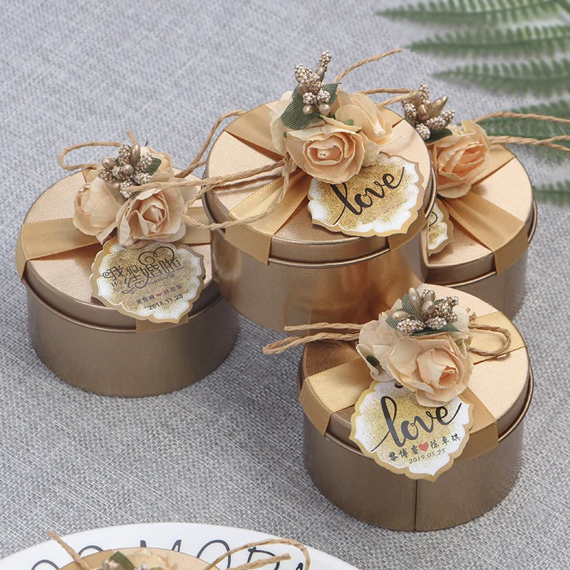 Wholesale Tin Metal Box Storage Round Can Wedding Tin Box Cookie Chocolate Gift With Ribbon And Flower