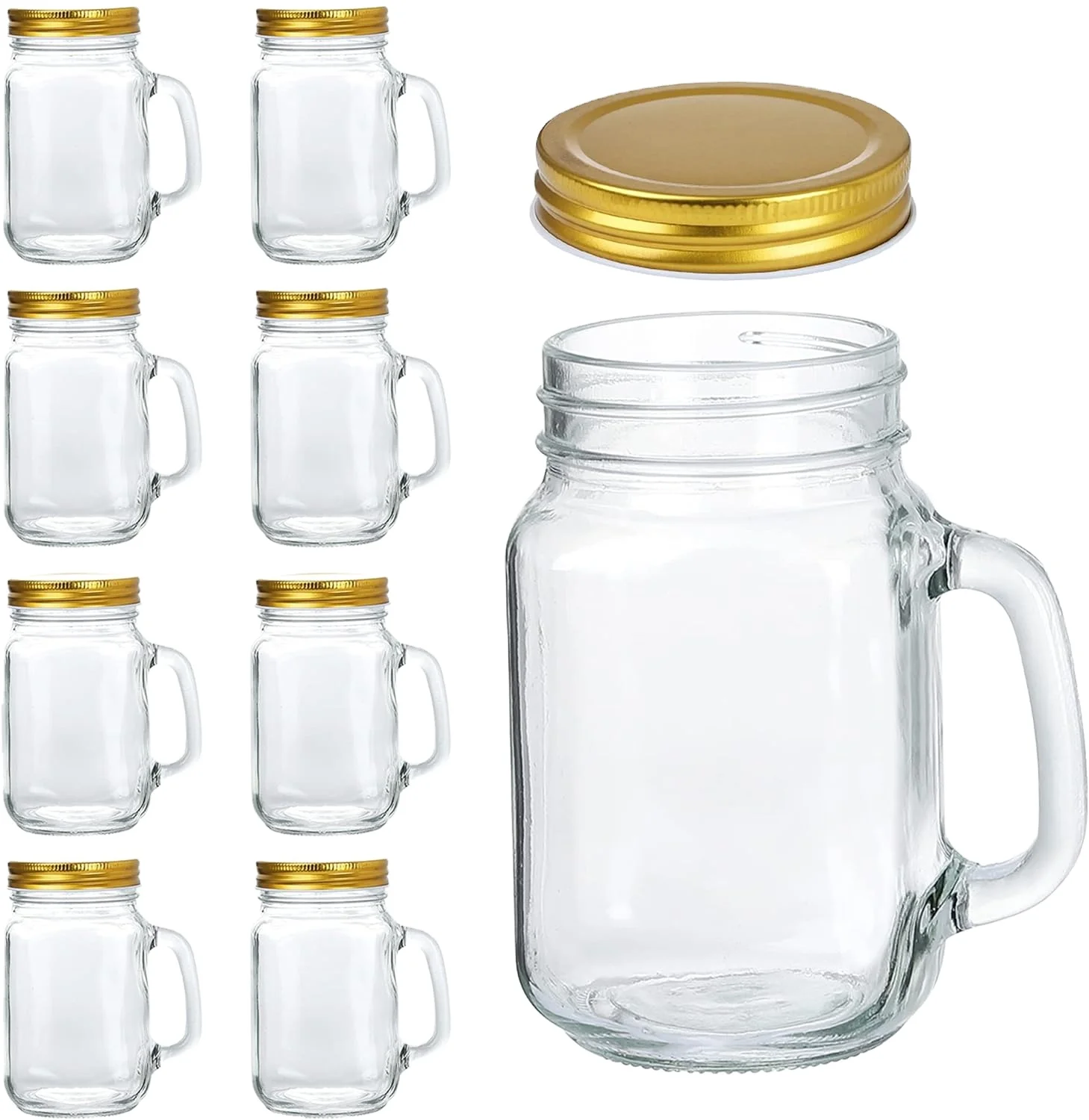 16oz Mason Jars Mug with Handles, 480ml Old Fashion Drinking Glass Jars with Golden Lids for Party