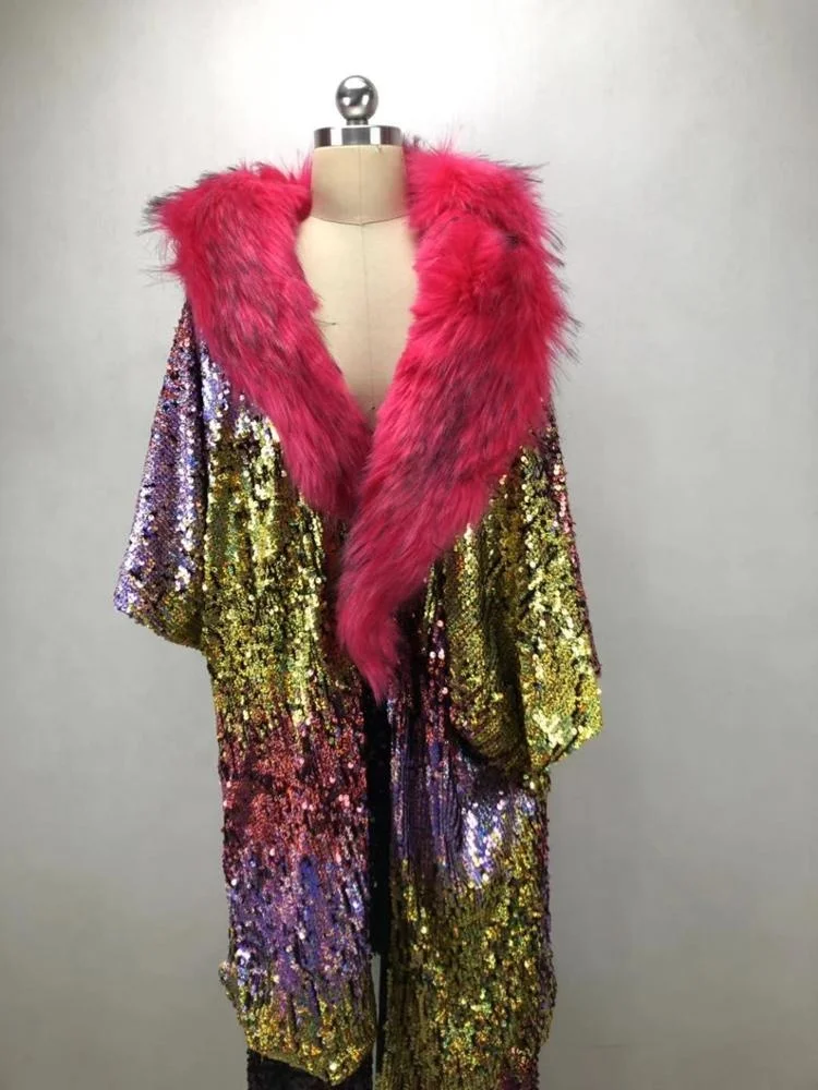 ready  drop shipping lady women fashion stage  performance concert  party  discolour sequins  amazing long hiphop luxury coat