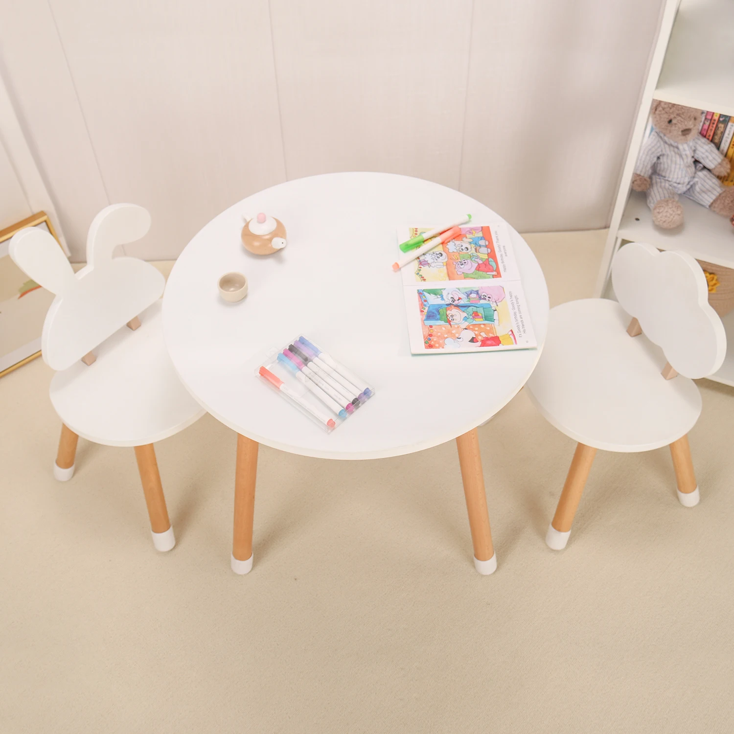 Montessori Furniture Wood Kids Circle Table and Chair Set Child Study Table White School Furniture Set Student Desk and Chair