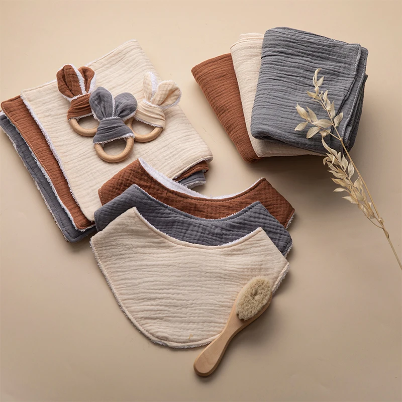100% Cotton Baby Bib Burp Rattle Brush Newborn Gift Product Set