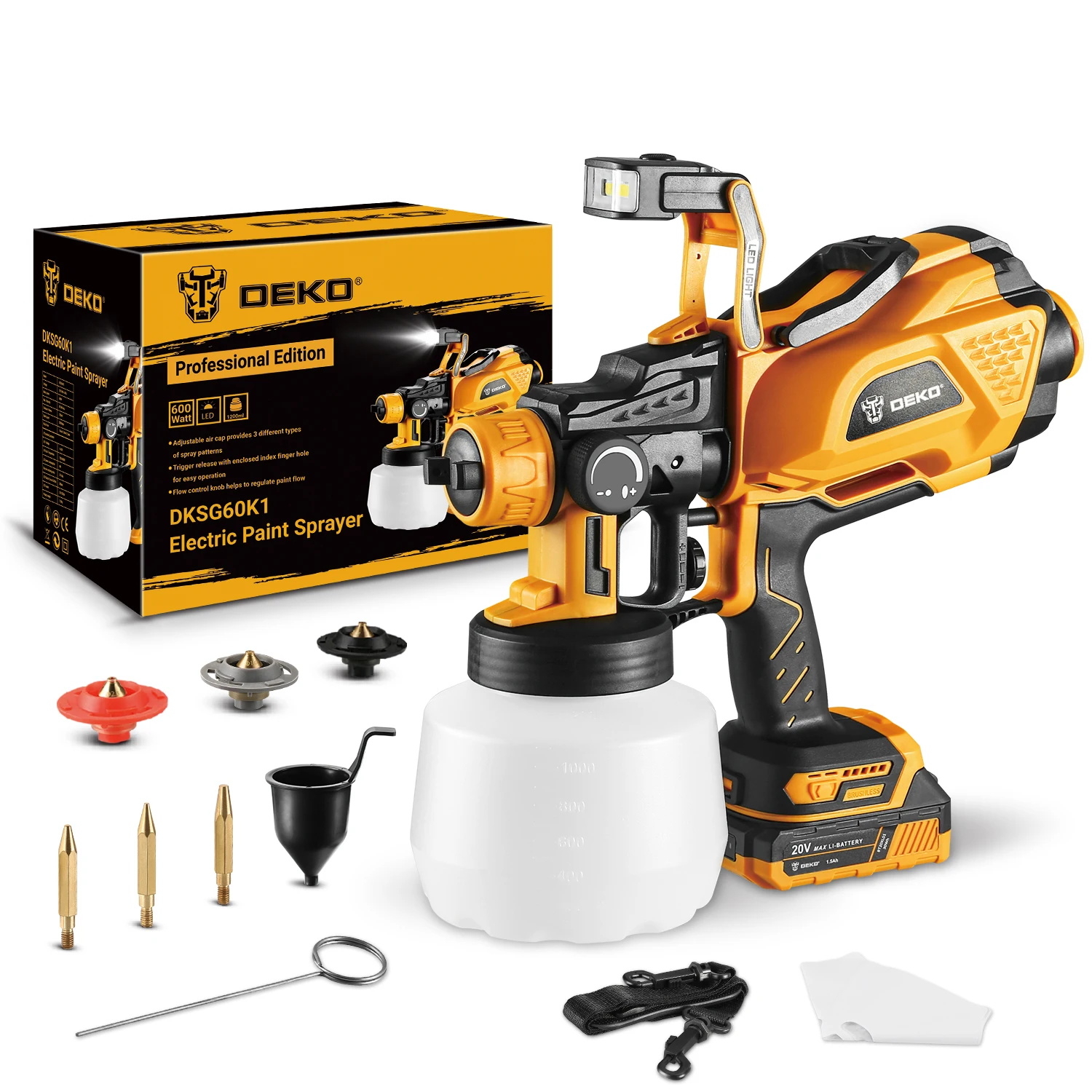 DEKO DKSG20K3Y-S1 20V 1200ml Cordless Spray Gun Home DIY Electric Hand Tools High Power Spraying for Chair Frame Wall and Table