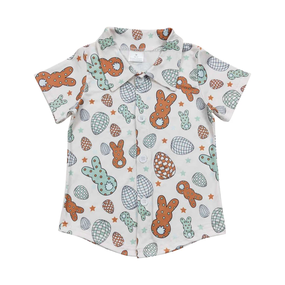Easter pullover white short sleeves bunny eggs print button down wholesale boys pullover boutique low price ready to ship no moq