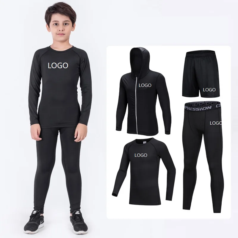 Kids Sweatsuits Quick Dry Polyester OEM Sportswear Workout 5PCS Tracksuit Running Training Compression Fitness Clothing