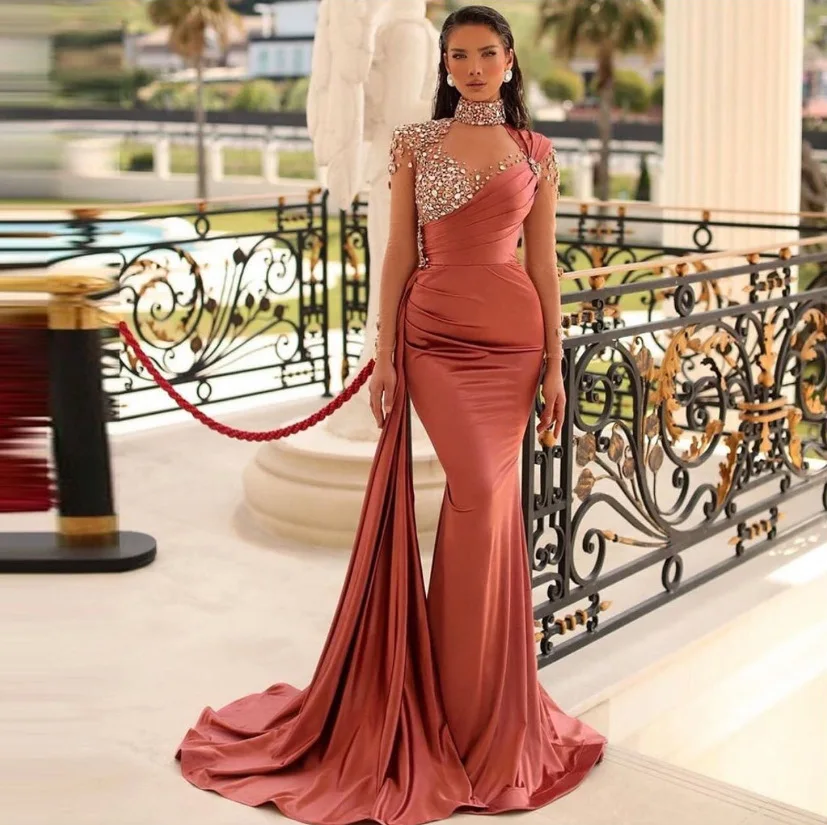 Sexy High Neck Long Sleeves Evening Dresses For Women Slimming Simple Romantic Sparkling Beading Female Elegant Party Prom Gowns