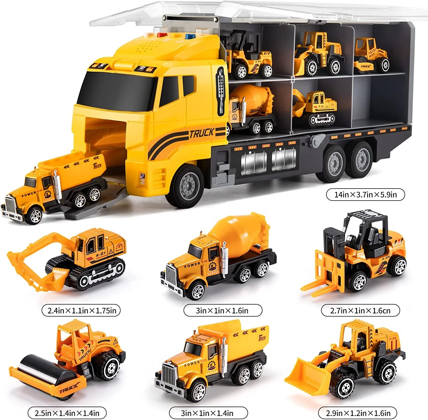 Kids Toys Truck Car Toys Set Friction Construction Car Set with 6 Pull Back Car Carrier Vehicle Toy with Lights and Sounds