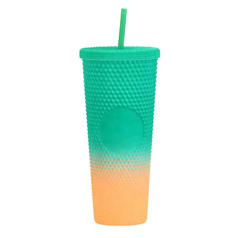 BPA Free Double Layer Cups Coffee Cup Plastic Diamond Tumbler Durian Cup With Straw And Lid