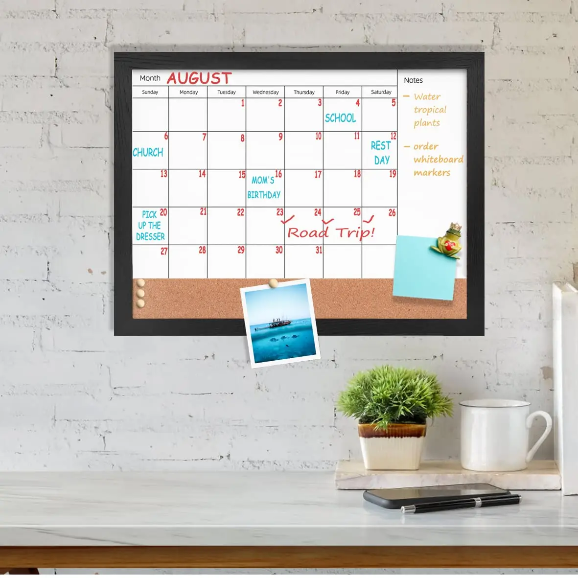 New Monthly Calendar Dry Erase Magnetic Surface  White Board  Cork Bulletin Board with Wood Frame for Wall