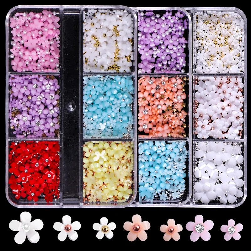 New design 6 grid five petal resin flower Mixed 3D Acrylic Flower nail Charms For Nails decoration