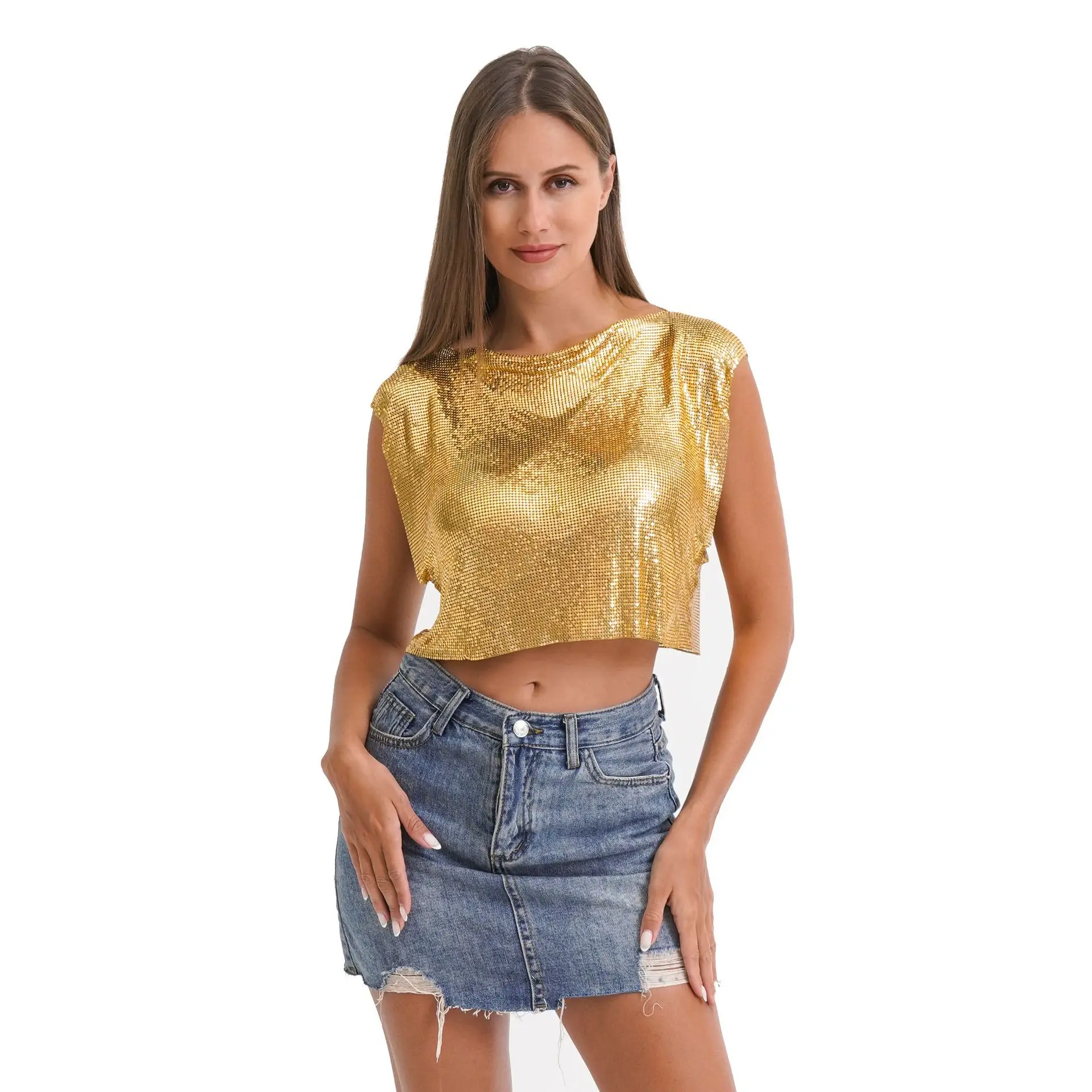 Product Sequins Top Clothes Hot Girl Vest Nightclub Metal T-Shirt For Women