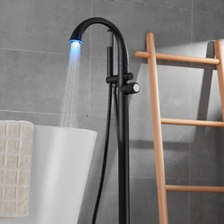 Black Led Free Standing Floor Mount Bathtub Faucet Shower Mixer Faucet Tub Spout With Shower Head