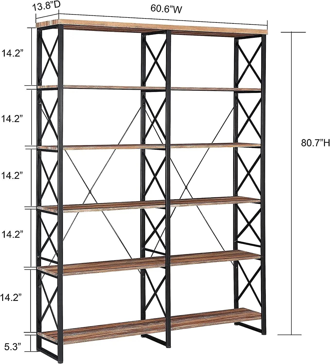Black Double Wide 6-tier Living Room Shelves Floor Shelf Display Shelves With Metal Frame For Living Room