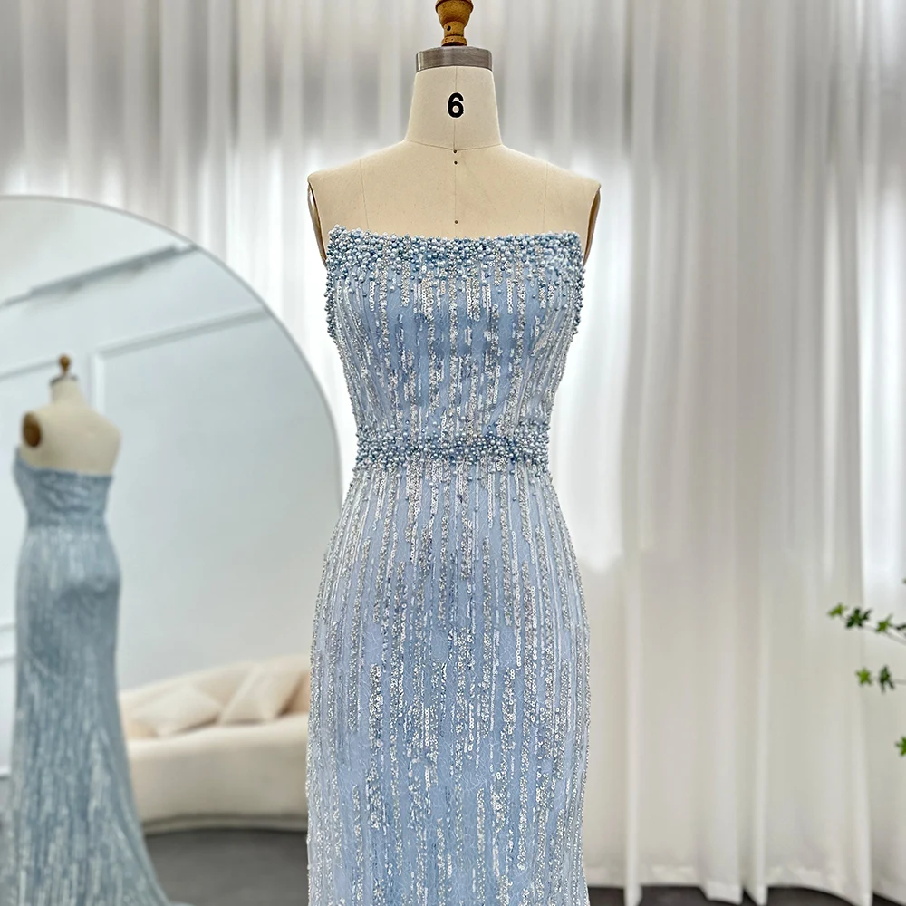 Jancember Light Blue Pearls Luxury Dubai Evening Dresses 2023 Elegant Strapless Arabic Women Wedding Party Formal Gowns Scz139
