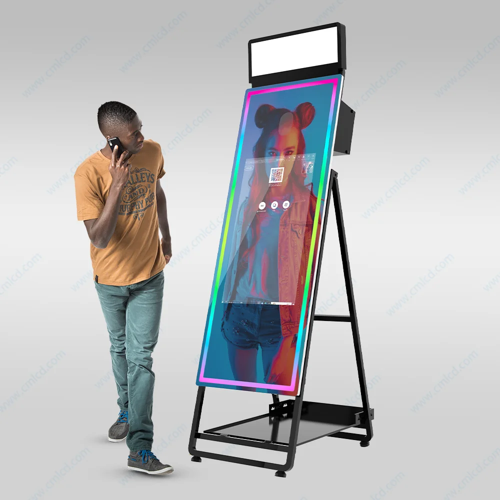 Intimate Wedding Photo Booth Magic: Digital Selfie Mirror with Touch Screen and Ring Light for Elegant Party Atmosphere