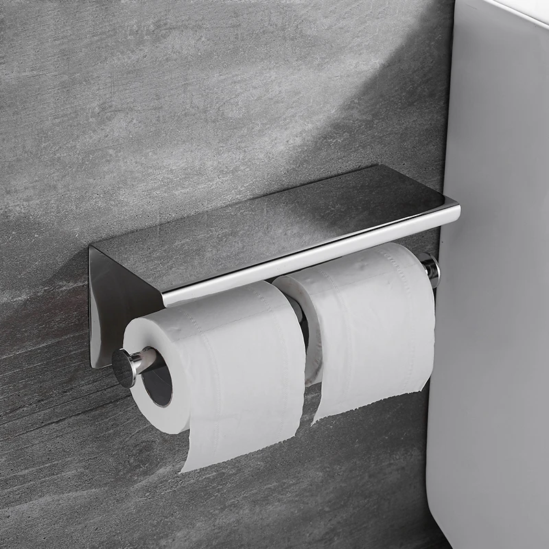 Bathroom stainless tissue roll double toilet paper holder with shelf