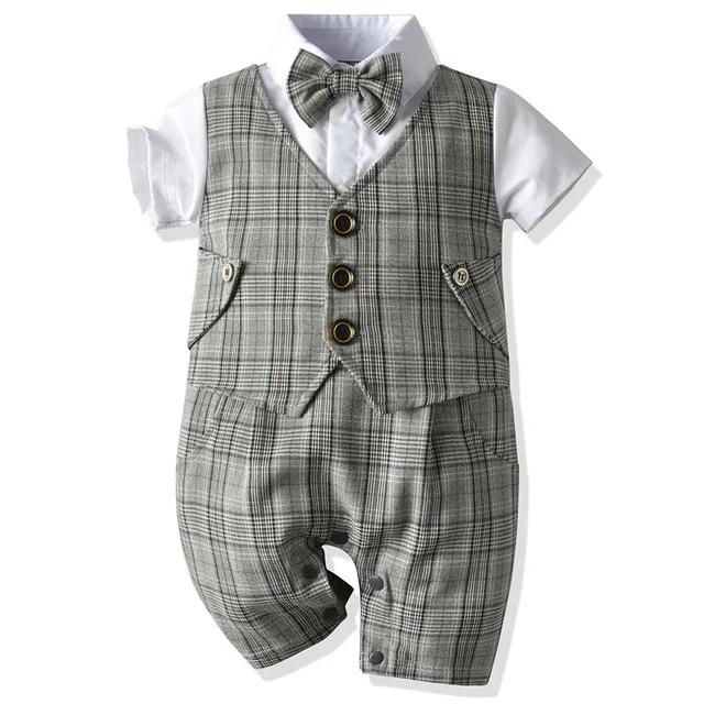 Newborn Baby Boy Clothing Gentleman Romper Short Sleeves Bowtie Shirt Jumpsuit Infant Toddlers First Birthday Formal Clothes