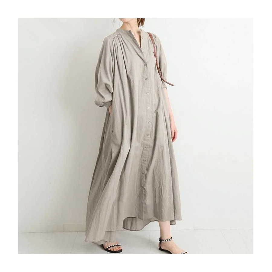 Japanese Simple Style Loose One Size Bubble Sleeve Dress 2022 Loose Linen Shirt Dress for Woman