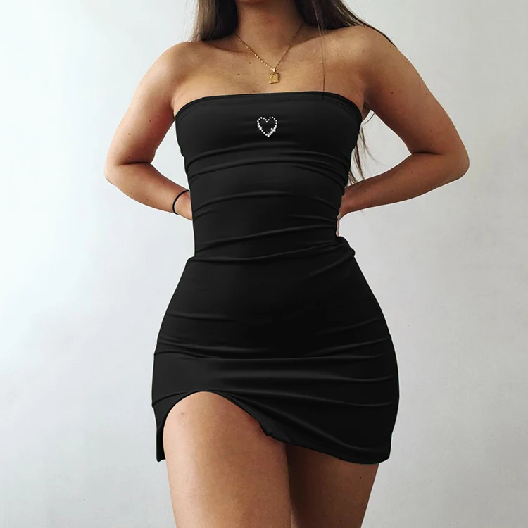 
YH1464 Women Fashion 2020 New Sexy Halter Suede Split Love Diamond Tube Top Dress 