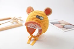 Осенне-зимняя теплая шапка с защитой ушей для новорожденных, вязаная шапка с милым медведем