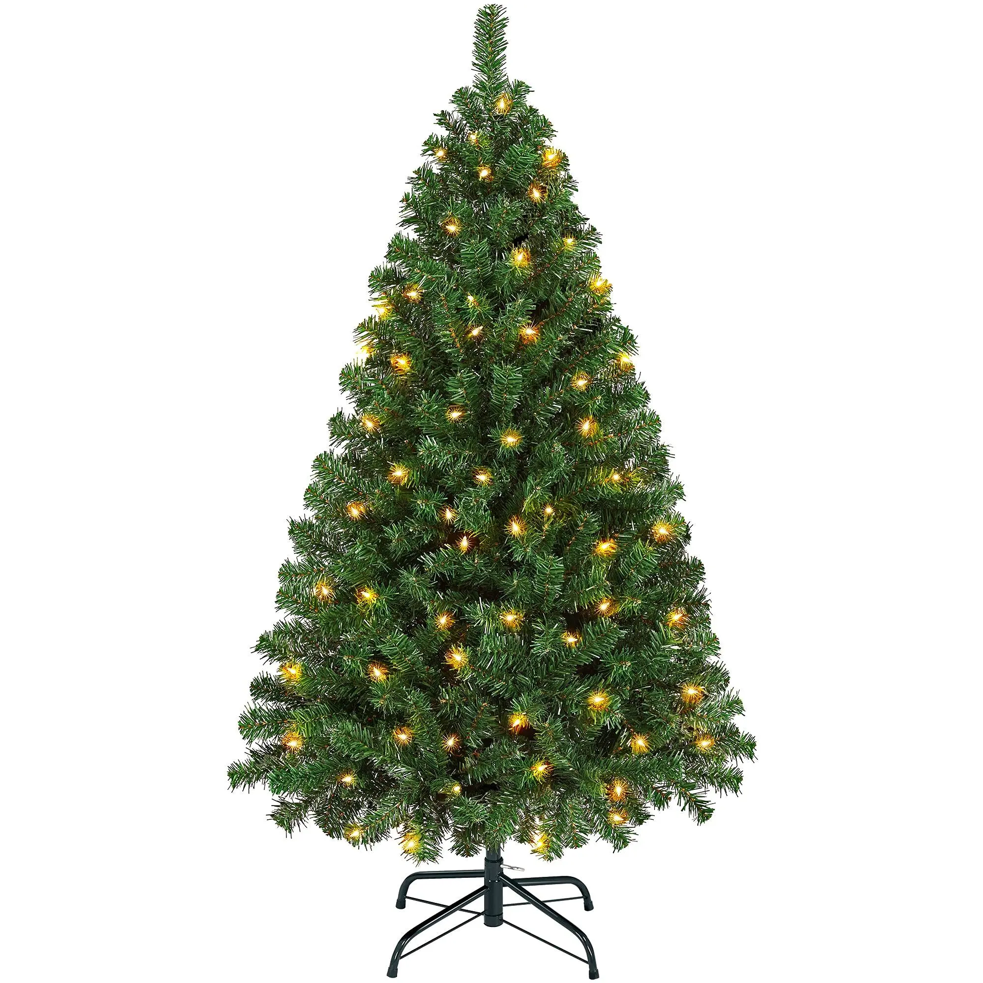 4.5Ft Pre-Lit Artificial Hinged Christmas Pine Tree Prelighted Holiday Xmas Tree with Foldable Stand for Home Party Decoration