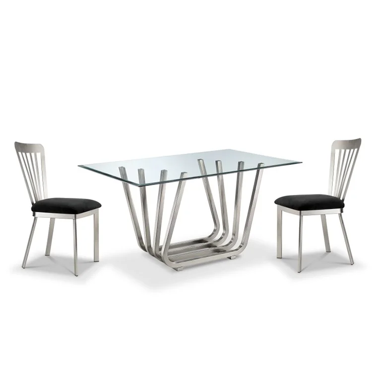 Modern New Design Home Dining Room Furniture Big Tempered Glass Top Stainless Steel Base Rectangle Dining Tables And Chairs Sets