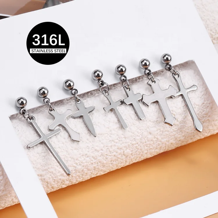 Personalized Gold Plated Silver Gothic Stud Earring Stainless Steel Cross Earrings For Men