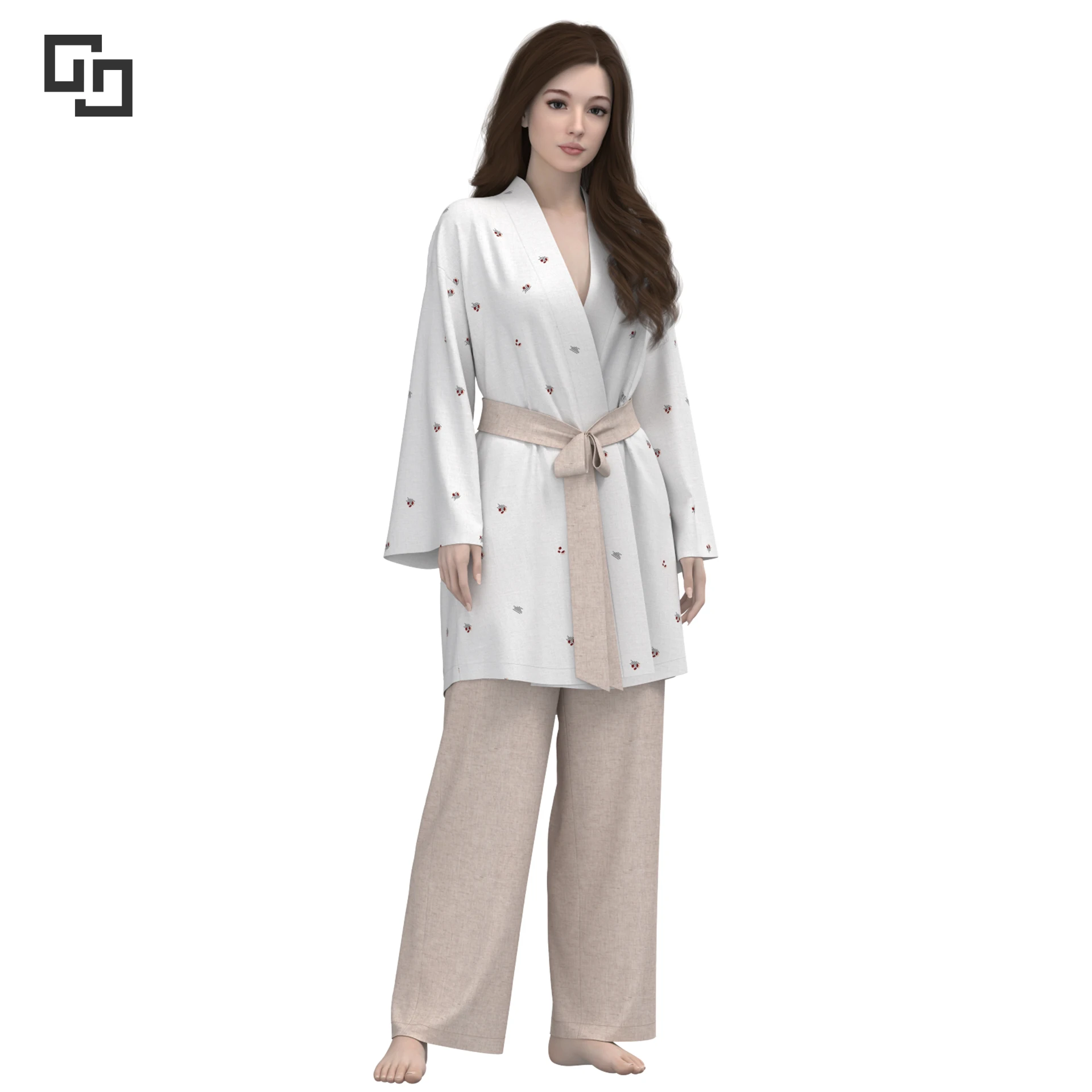 3D Design Long Sleeve Pajamas for Women Set Belted Robe with Pants Printed Lounge Wear Custom Women Hemp Pajamas Clothing